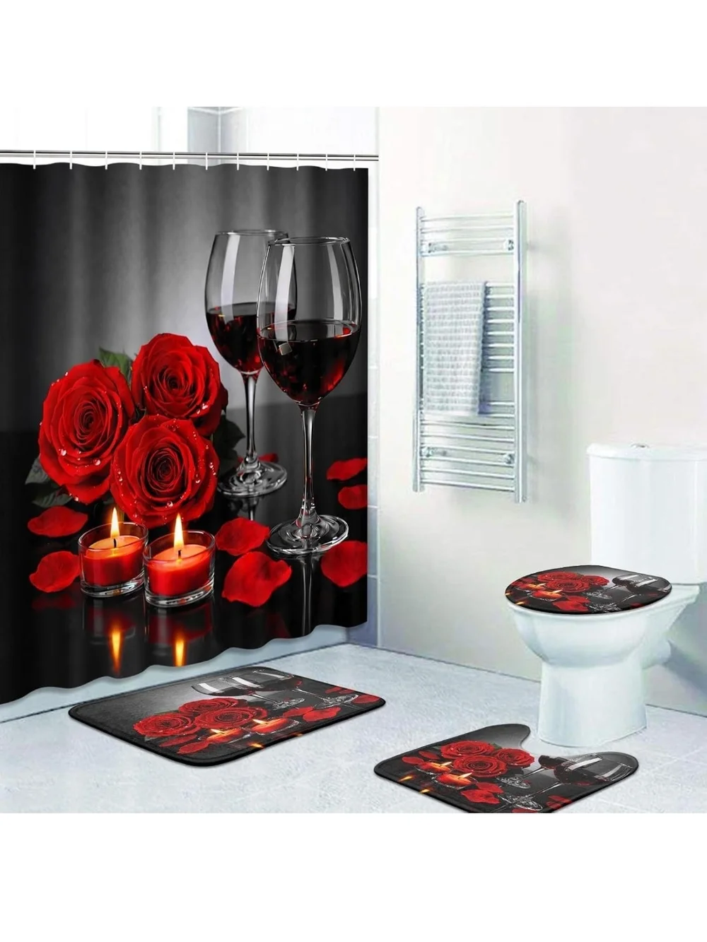 Red Rose Bathroom Shower Curtain Set - Romantic Floral Design